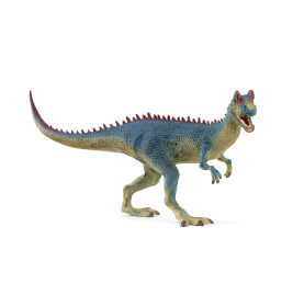 Blau-grüne Dinosaurier-Spielfigur mit langem Schwanz, offenem Maul und kurzen Armen vor weißem Hintergrund.