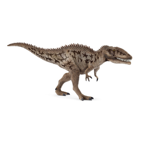 Braune, strukturierte Dinosaurierfigur eines Theropoden mit offenem Maul und kurzen Armen.