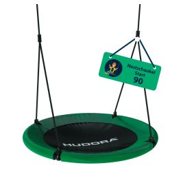 Grün-schwarze Rundschaukel mit HUDORA-Logo, Seilaufhängung und grünem Schild Nestschaukel Start 90.