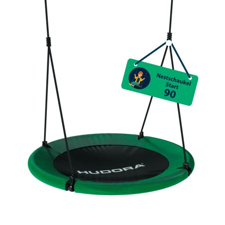 Grün-schwarze Rundschaukel mit HUDORA-Logo, Seilaufhängung und grünem Schild Nestschaukel Start 90.