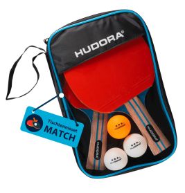 Tischtennisset mit zwei Schlägern, drei Bällen und einer Tasche mit Aufschrift HUDORA und Tischtennisset MATCH.