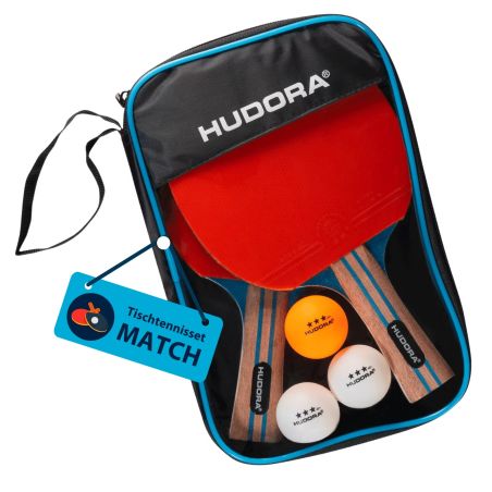 Tischtennisset mit zwei Schlägern, drei Bällen und einer Tasche mit Aufschrift HUDORA und Tischtennisset MATCH.