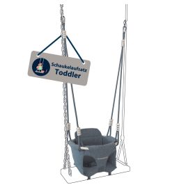 Blauer Schaukelaufsatz Toddler hängt an Seil und Ketten.