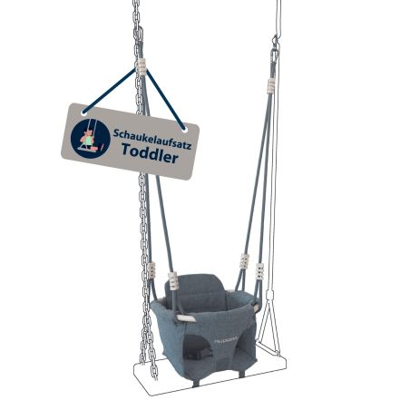 Blauer Schaukelaufsatz Toddler hängt an Seil und Ketten.