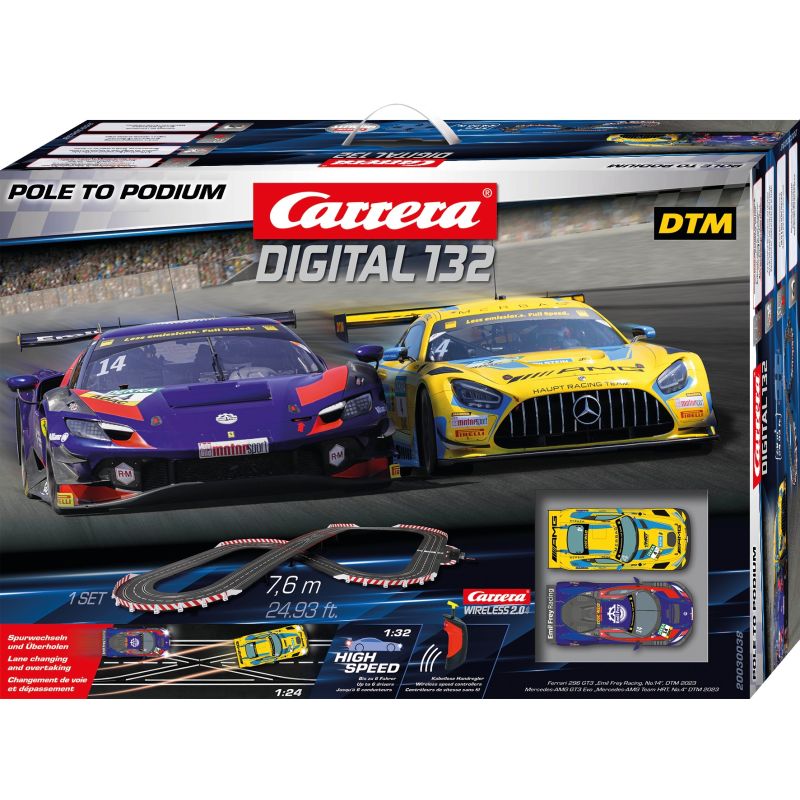 Verpackung des Carrera Digital 132 Slotcar-Sets mit zwei Rennwagen und Streckenlayout auf der Vorderseite.