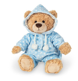 Ein brauner Teddybär mit blauem Punkt-Hoodie sitzt frontal vor weißem Hintergrund.