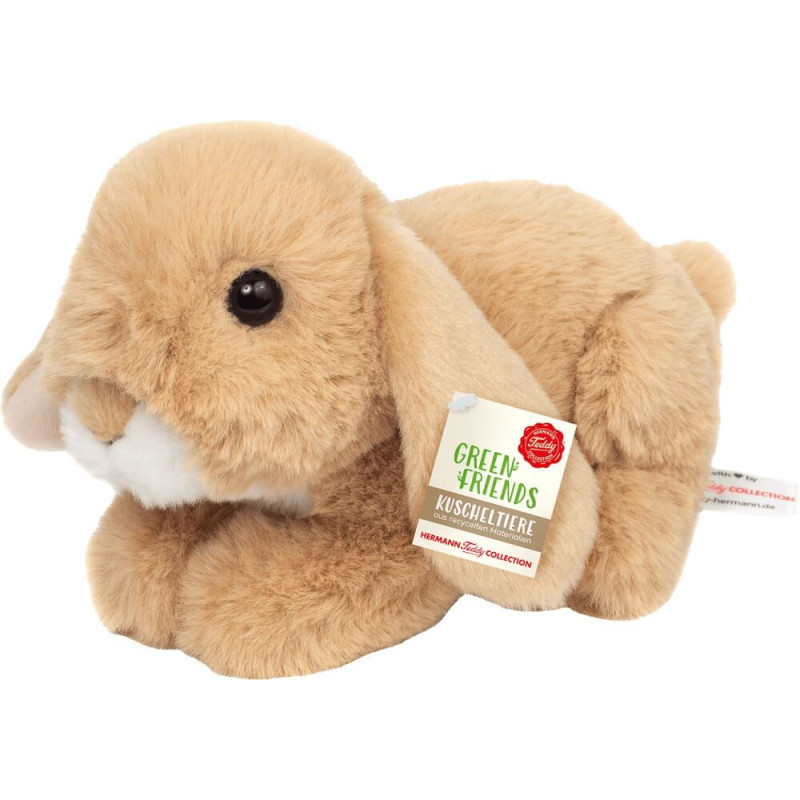 Plüschhase in Hellbraun mit Schlappohren und einem Etikett Green Friends Kuscheltiere.