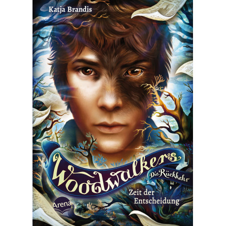 Buchcover: Ein Junge mit halbem Wolfsgesicht in wirbelnden Bäumen, Titel Woodwalkers - Zeit der Entscheidung.