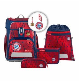 FC Bayern München Schulranzen-Set: Rucksack, Sportbeutel, Mäppchen und Zubehör in Rot-Blau.