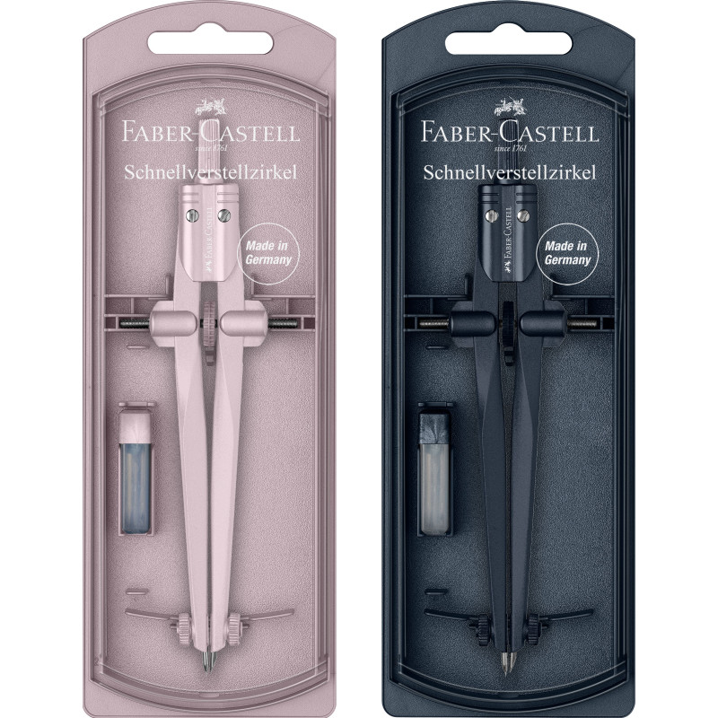 Zwei Faber-Castell Zirkel in Etuis, je einer in Pink und Schwarz, beide mit Ersatzminenbehälter.