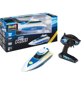 Revell-Fernsteuerungs-Polizeiboot mit Verpackung und schwarzer Fernbedienung abgebildet.