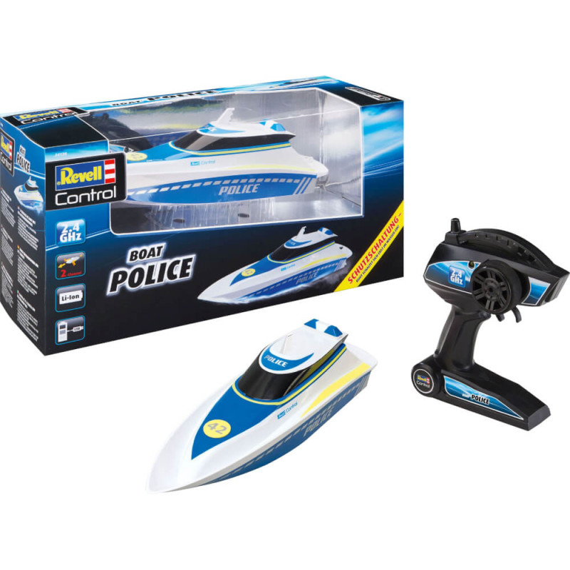 Revell-Fernsteuerungs-Polizeiboot mit Verpackung und schwarzer Fernbedienung abgebildet. Revell-Fernsteuerungs-Polizeiboot mit Verpackung und schwarzer Fernbedienung abgebildet.