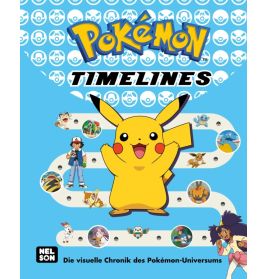 Cover von Pokémon Timelines mit Pikachu, Ash und weiteren Pokémon-Charakteren vor blauem Hintergrund.