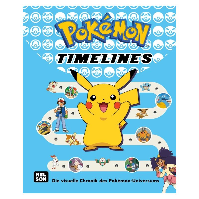 Cover von Pokémon Timelines mit Pikachu, Ash und weiteren Pokémon-Charakteren vor blauem Hintergrund.