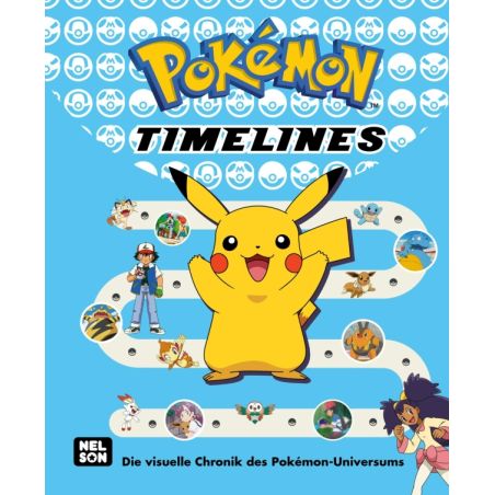 Cover von Pokémon Timelines mit Pikachu, Ash und weiteren Pokémon-Charakteren vor blauem Hintergrund.