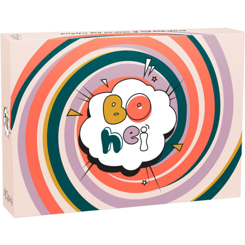 Bunte Spieleschachtel mit dem Schriftzug bohei in einer Comic-Sprechblase auf wirbelndem Hintergrund.