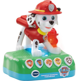 Marshall, das Paw Patrol Dalmatiner-Spielzeug, steht auf einer bunten Vtech-Basis mit Schild-Tasten.