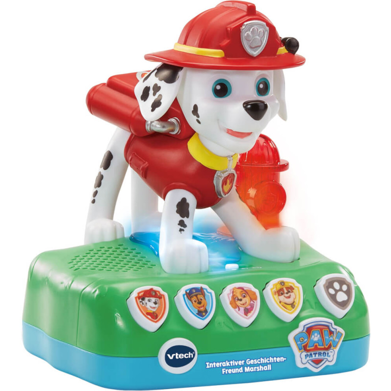Marshall, das Paw Patrol Dalmatiner-Spielzeug, steht auf einer bunten Vtech-Basis mit Schild-Tasten. Marshall, das Paw Patrol Dalmatiner-Spielzeug, steht auf einer bunten Vtech-Basis mit Schild-Tasten.