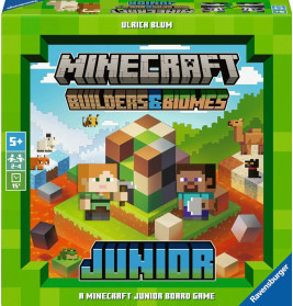 Box der Minecraft Builders & Biomes Junior, mit pixeligen Figuren und Tieren auf dem Cover.
