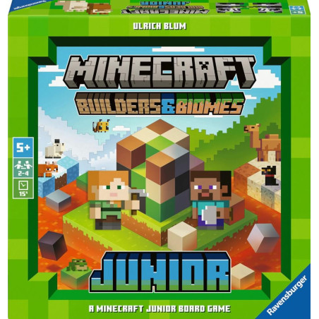 Box der Minecraft Builders & Biomes Junior, mit pixeligen Figuren und Tieren auf dem Cover.