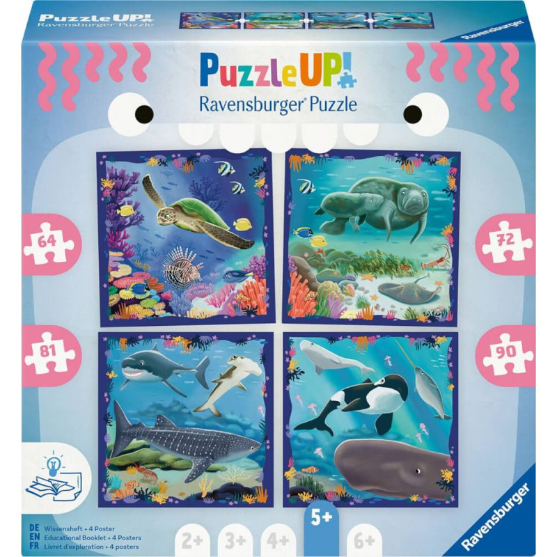 Vier bunte Ravensburger Ozean-Puzzles mit Meerestieren in einzelnen Schachteln. Vier bunte Ravensburger Ozean-Puzzles mit Meerestieren in einzelnen Schachteln.