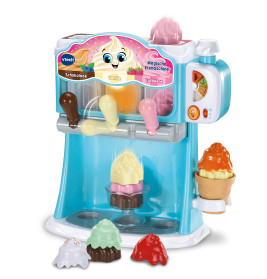 Spielzeugeismaschine mit bunten Eiskugeln, Waffeln, Knöpfen und fröhlichem Gesicht auf dem Display.