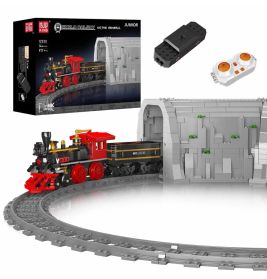 Ferngesteuertes Spielzeugeisenbahn-Set mit Schienen, Tunnel, Fernbedienung und Verpackung vor weißem Hintergrund.