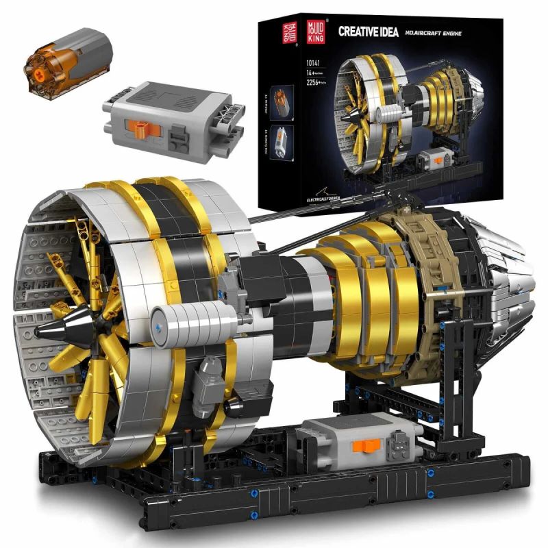 Modell-Turbinen-Bausatz mit goldenen und silbernen Teilen, Verpackung und Motorkomponenten ausgestellt.