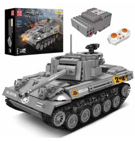 Ferngesteuertes graues Panzer-Bauset mit Verpackung, Fernbedienung und Akku im Hintergrund.