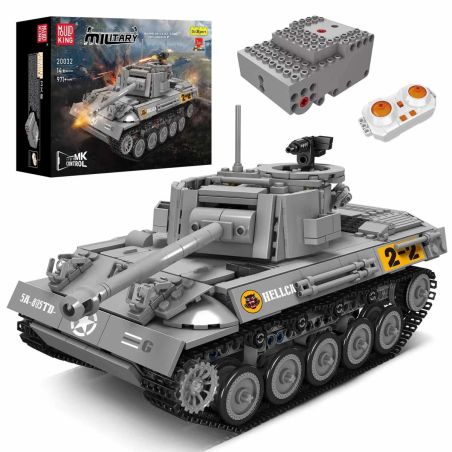 Ferngesteuertes graues Panzer-Bauset mit Verpackung, Fernbedienung und Akku im Hintergrund.