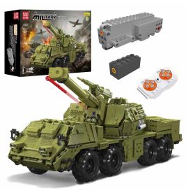 Grünes Militär-Spielzeugfahrzeug als Bausatz mit Fernsteuerung, Motoren und Verpackung im Hintergrund.