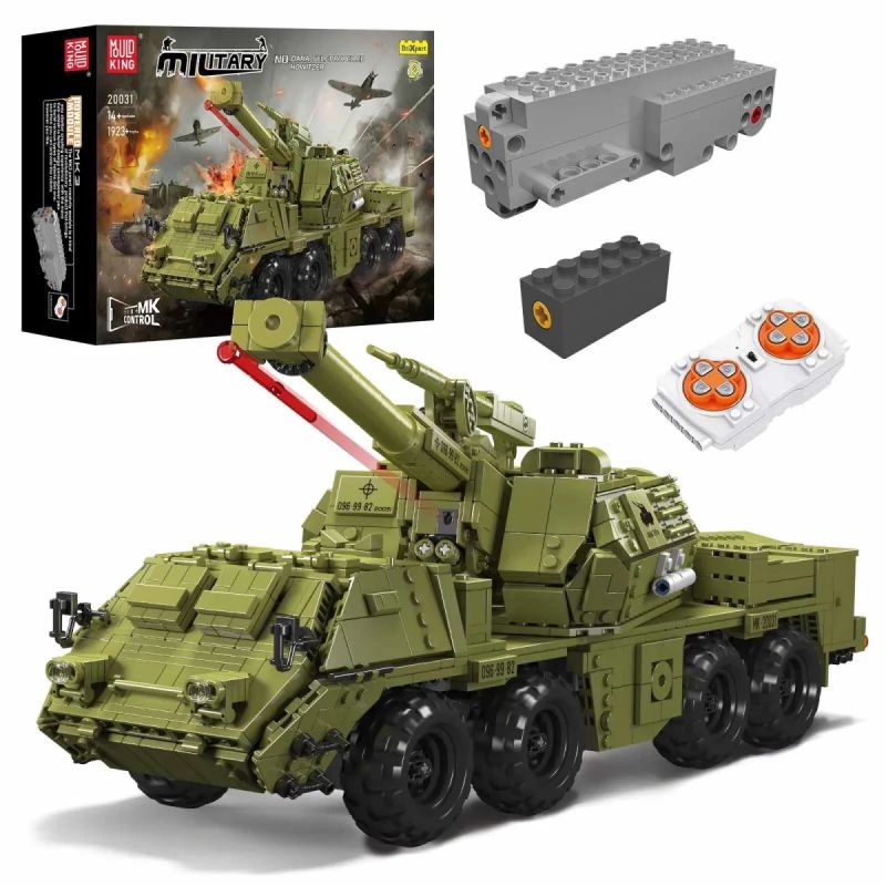 Grünes Militär-Spielzeugfahrzeug als Bausatz mit Fernsteuerung, Motoren und Verpackung im Hintergrund. Grünes Militär-Spielzeugfahrzeug als Bausatz mit Fernsteuerung, Motoren und Verpackung im Hintergrund.