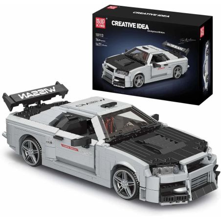 Graues Nissan-LEGO-Modell mit Spoiler neben Verpackung mit Aufschrift Creative Idea und Mould King.