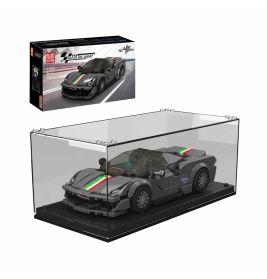 Graues Sportwagen-Bauset mit Rennstreifen in Vitrine, Verpackung ist darüber zu sehen.