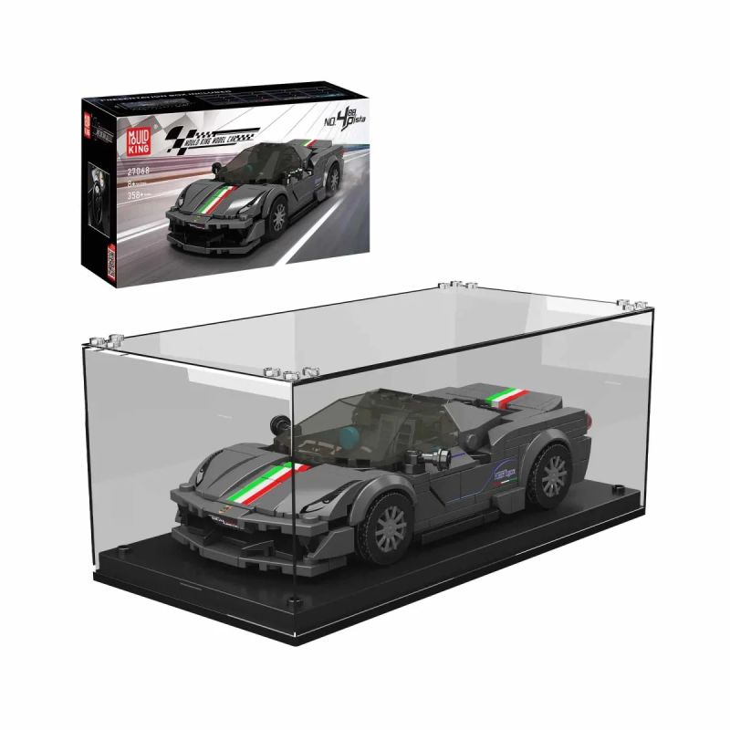 Graues Sportwagen-Bauset mit Rennstreifen in Vitrine, Verpackung ist darüber zu sehen. Graues Sportwagen-Bauset mit Rennstreifen in Vitrine, Verpackung ist darüber zu sehen.