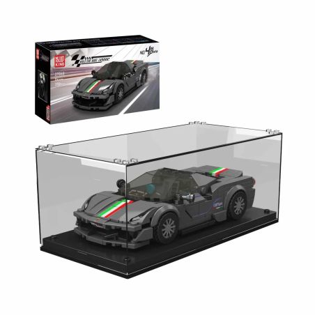 Graues Sportwagen-Bauset mit Rennstreifen in Vitrine, Verpackung ist darüber zu sehen.