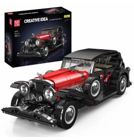 Ein rot-schwarzes Vintage-Auto aus Bausteinen, dahinter ist die Verpackung zu sehen.