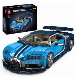 Blauer Modellauto-Bausatz im LEGO-Stil, dazu die Verpackung im Hintergrund.