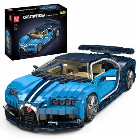 Blauer Modellauto-Bausatz im LEGO-Stil, dazu die Verpackung im Hintergrund.