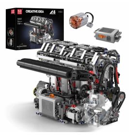 Detailreiches LEGO-V8-Motormodell mit Bauteilen, im Hintergrund die Produktverpackung.