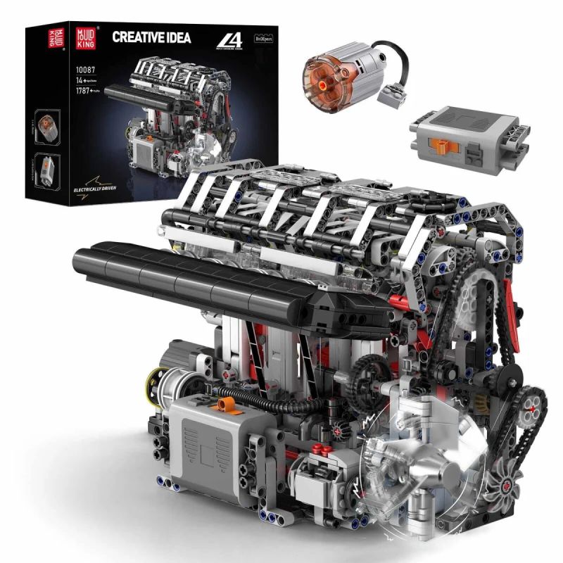 Detailreiches LEGO-V8-Motormodell mit Bauteilen, im Hintergrund die Produktverpackung.