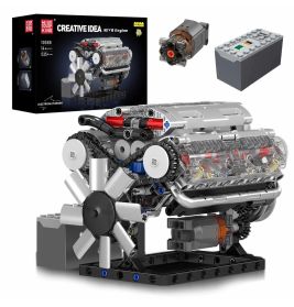 Bausatz für einen Spielzeug-V8-Motor mit Verpackung, Modell, Batteriebox und kleinem Motor abgebildet.