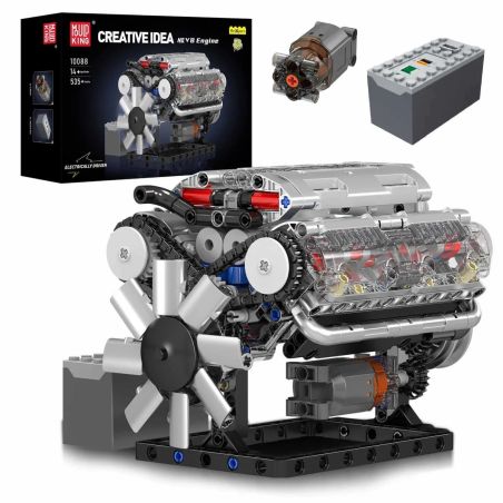 Bausatz für einen Spielzeug-V8-Motor mit Verpackung, Modell, Batteriebox und kleinem Motor abgebildet.