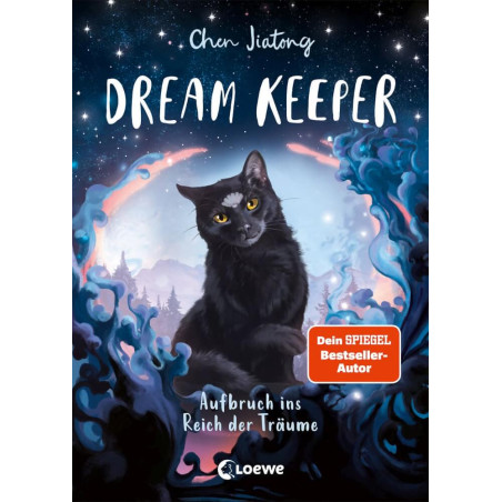 Buchcover von Dream Keeper mit schwarzer Katze, blauen Mustern und sternenklarem Nachthimmel im Hintergrund.