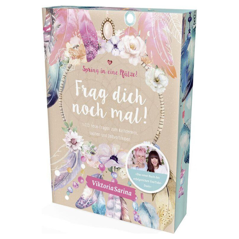 Buntes deutsches Buchcover mit Federn, Blumen, Fotos von zwei Frauen. Titel: Frag dich noch mal!. Buntes deutsches Buchcover mit Federn, Blumen, Fotos von zwei Frauen. Titel: Frag dich noch mal!.
