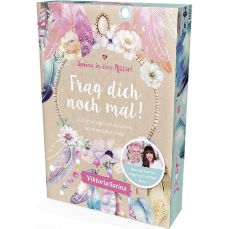Buntes deutsches Buchcover mit Federn, Blumen, Fotos von zwei Frauen. Titel: Frag dich noch mal!.