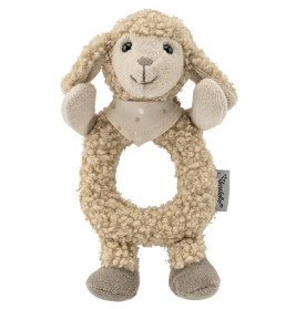 Plüsch-Babyrassel in Lammform mit Schlaufen-Körper, Schlappohren und beigefarbenem gepunktetem Halstuch.