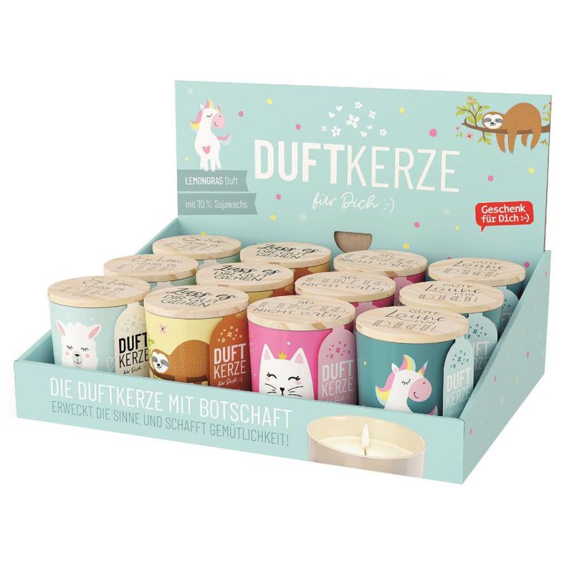 Schachtel mit bunten Duftkerzen im Tierdesign und deutschem Text, darunter Einhorn und Faultier.