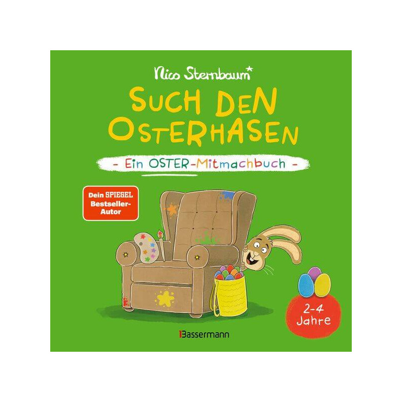 Kinderbuchcover mit Sessel, Ostereiern und Hase neben Korb auf grünem Hintergrund.