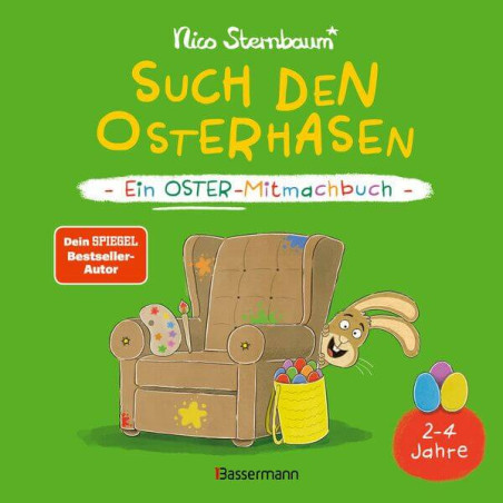 Kinderbuchcover mit Sessel, Ostereiern und Hase neben Korb auf grünem Hintergrund.